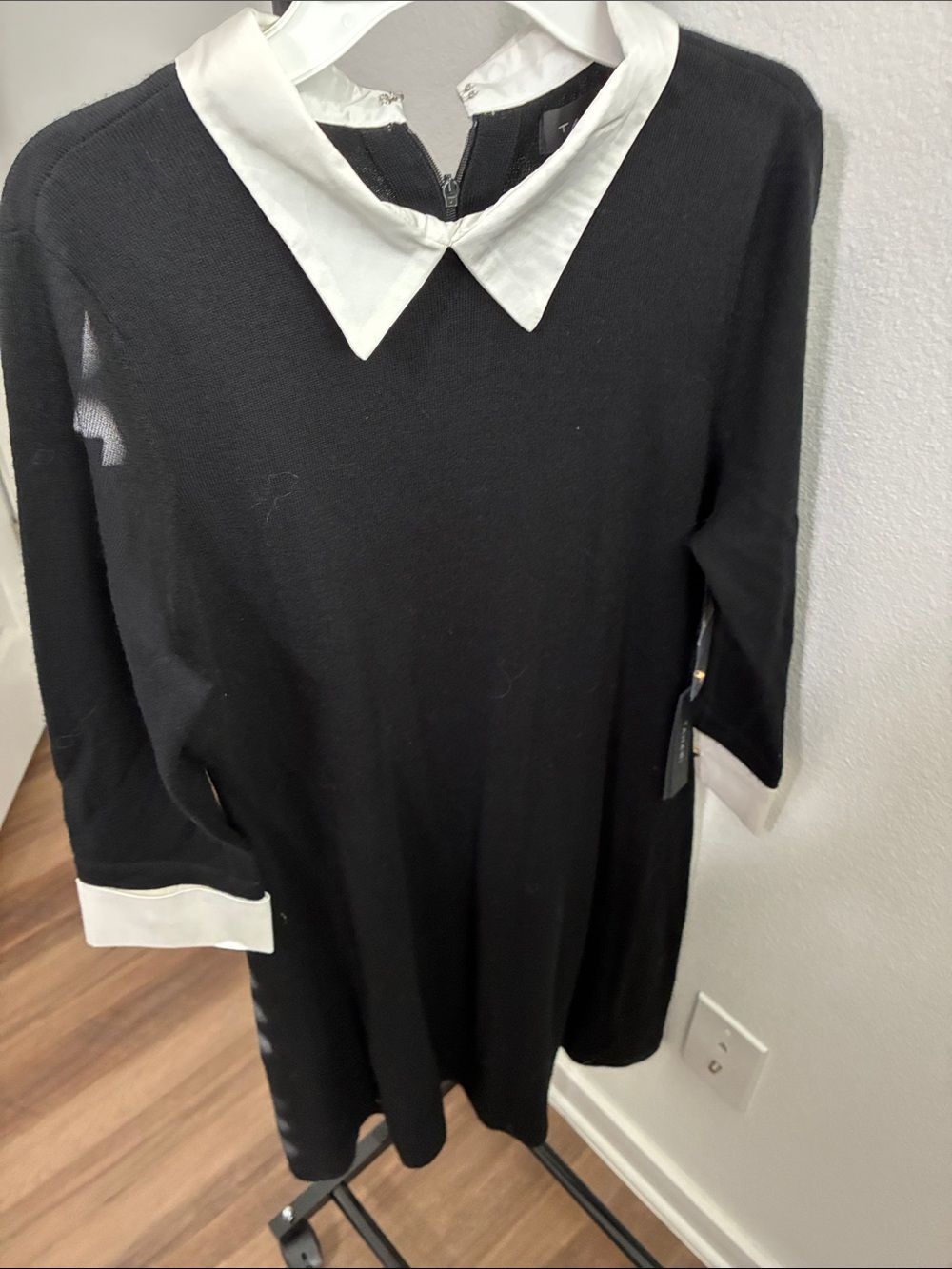 Tahari NWT Black Extrafine Merino Wool Dress with White Collar and Cuffs